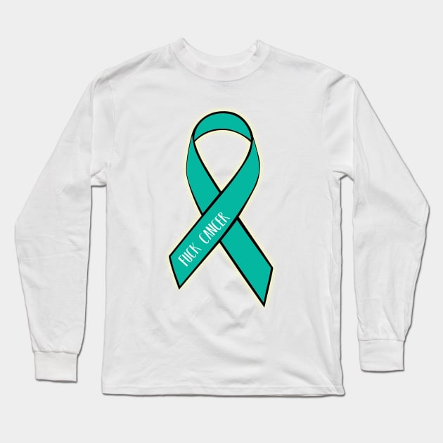 Fuck Cancer Ovarian Support Ribbon Teal Awareness Long Sleeve T-Shirt by charlescheshire